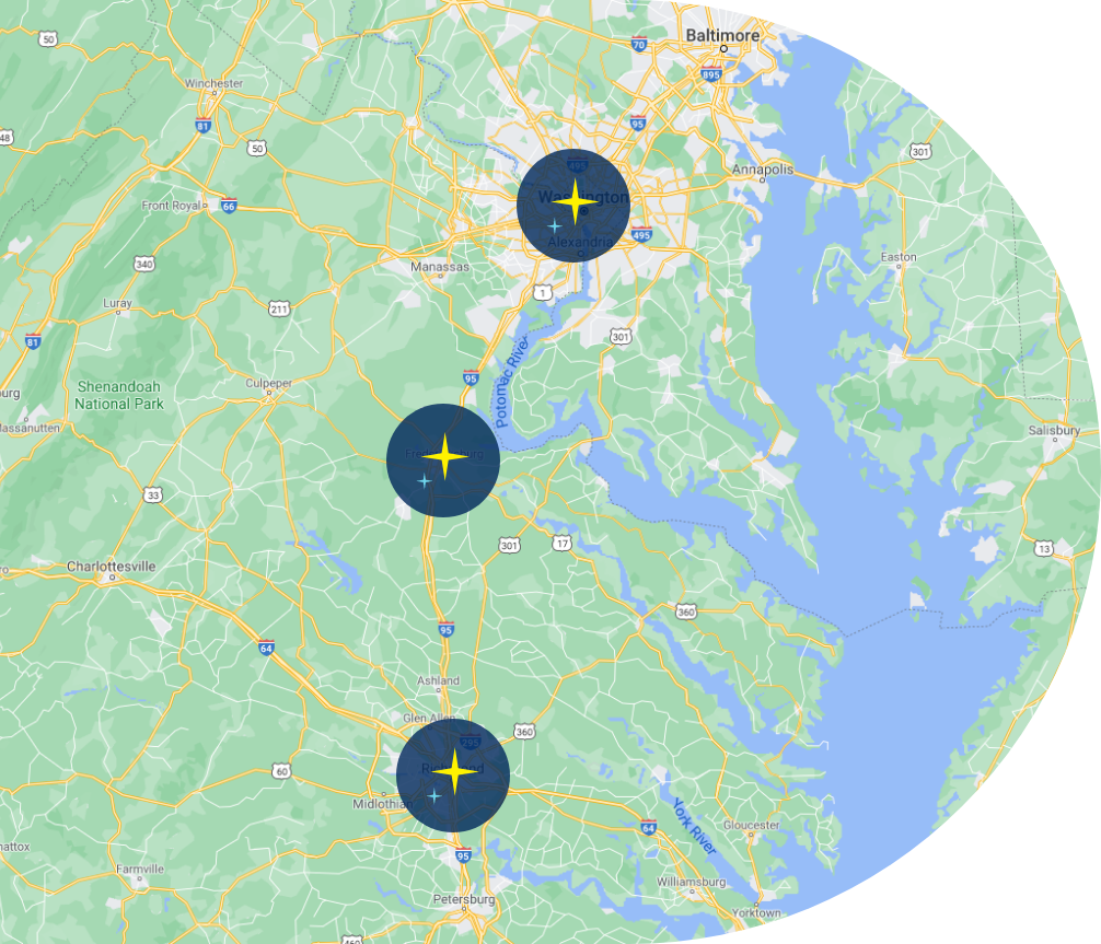 Map of Northern Virginia, Fredericksburg, and Richmond